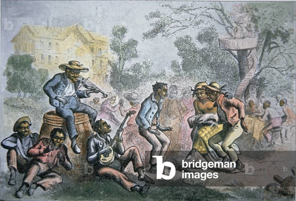 A historical illustration depicting a lively gathering with people playing musical instruments, including a violin and banjo, while others dance and socialize outdoors near a building and trees.