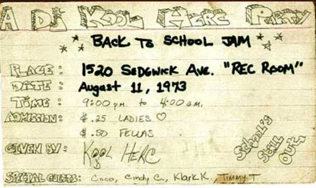 Flyer for a DJ Kool Herc party titled 'Back to School Jam' featuring event details including date, venue, admission prices, and special guests.