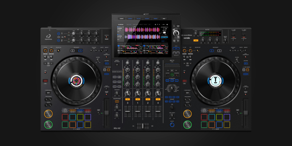 A DJ controller featuring two turntables, a central mixer section, and a touchscreen display, designed for music mixing and performance.